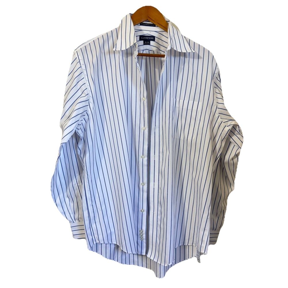 Lands End Mens Shirt Sz 16-36 Blue Striped Button Down No Iron Pinpoint Oxford
